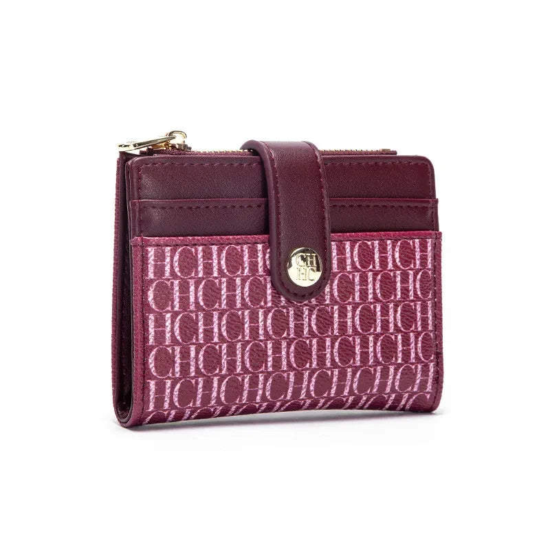 Portefeuille femme compact en cuir PVC motif logo avec bouton et zip élégant — photo 8