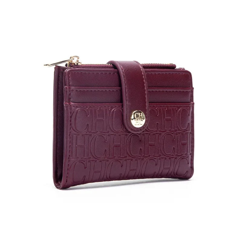 Portefeuille femme compact en cuir PVC motif logo avec bouton et zip élégant — photo 9