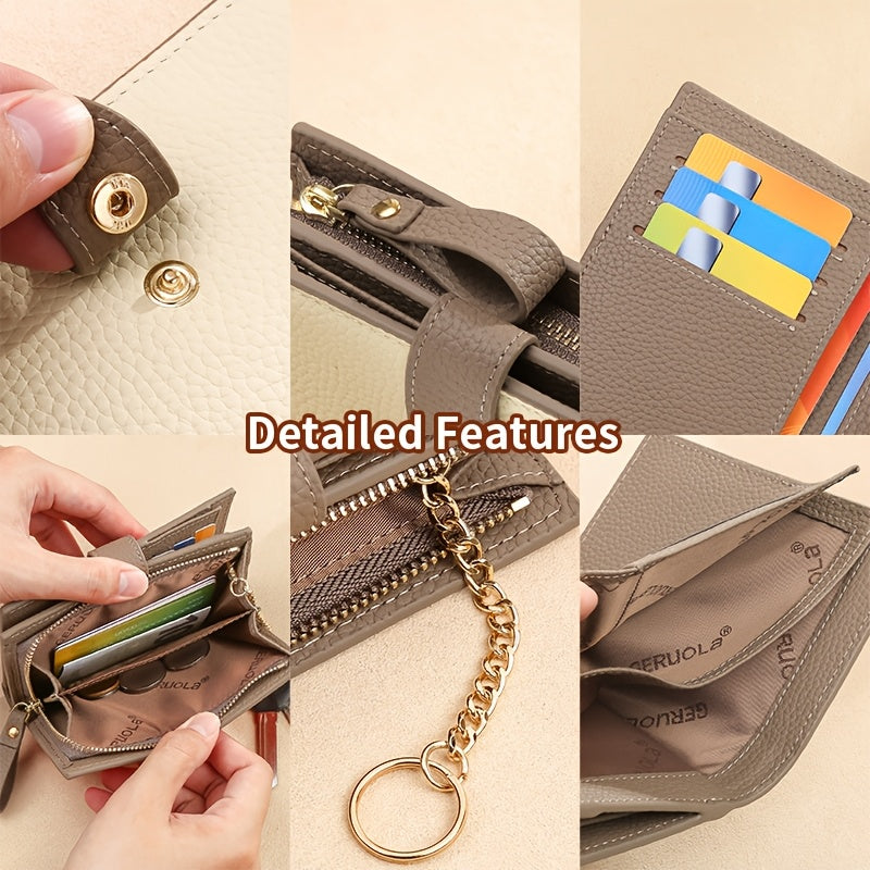 Portefeuille femme compact en cuir, anti-RFID et porte-clés