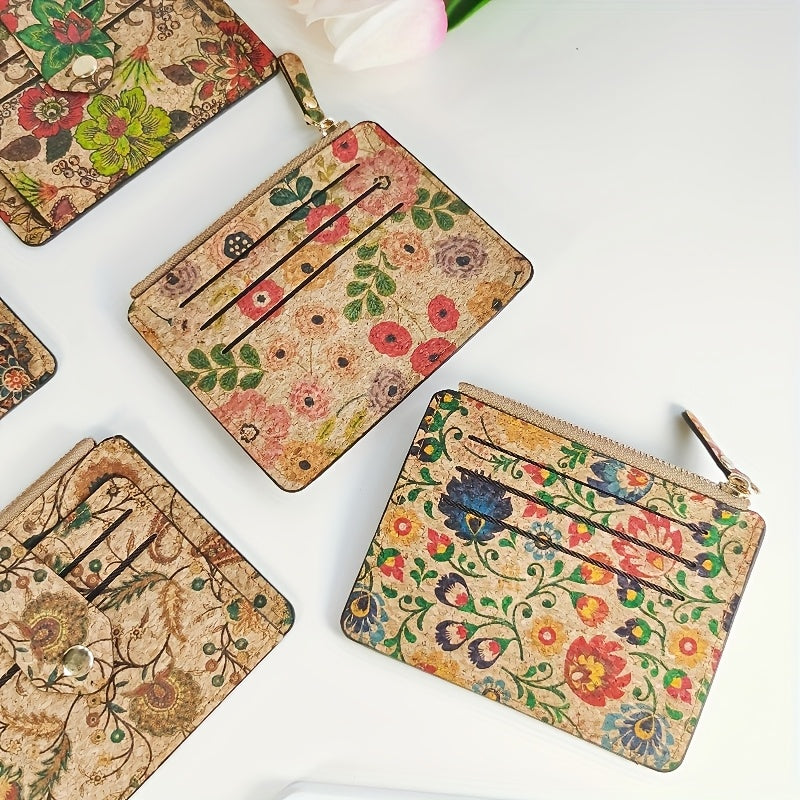 Portefeuille femme compact en liège imprimé, dix cartes