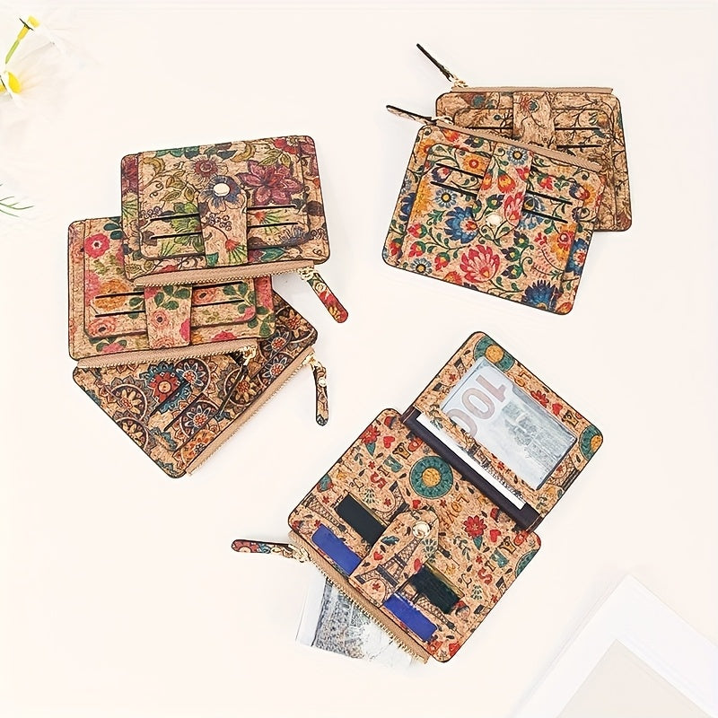 Portefeuille femme compact en liège imprimé, dix cartes
