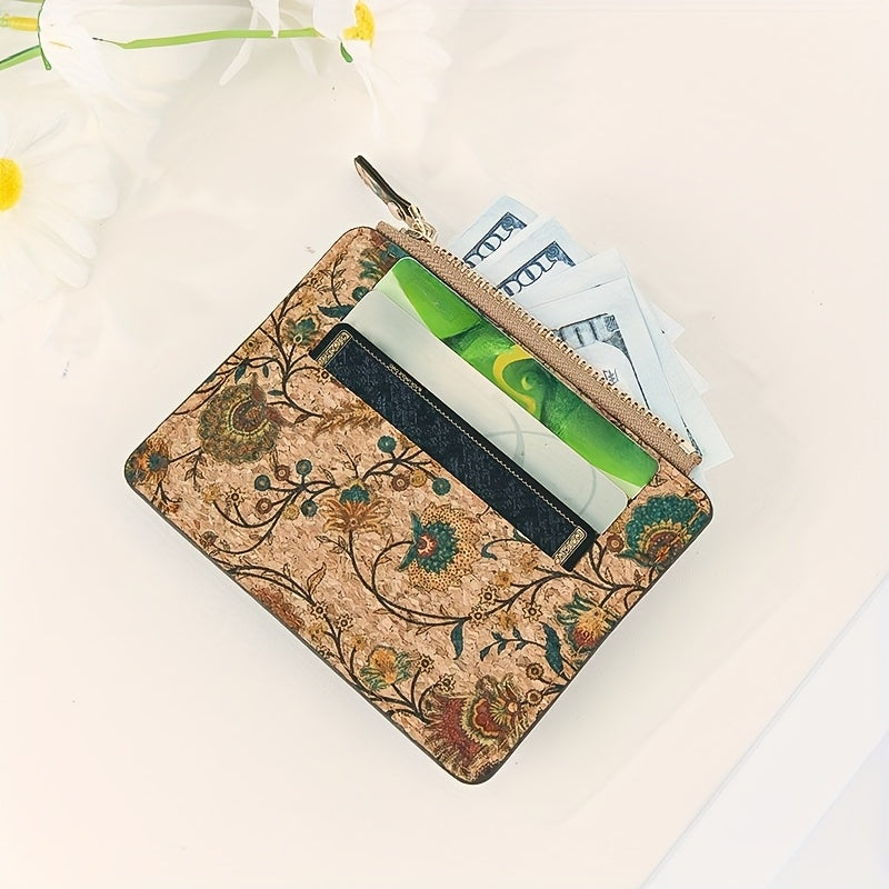 Portefeuille femme compact en liège imprimé, dix cartes