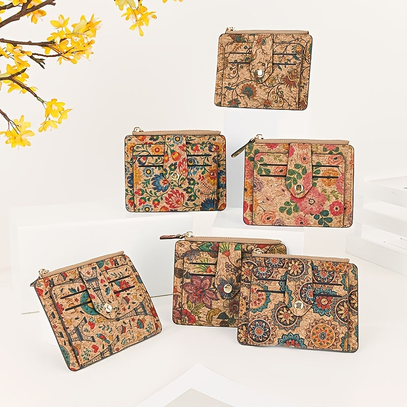 Portefeuille femme compact en liège imprimé, dix cartes