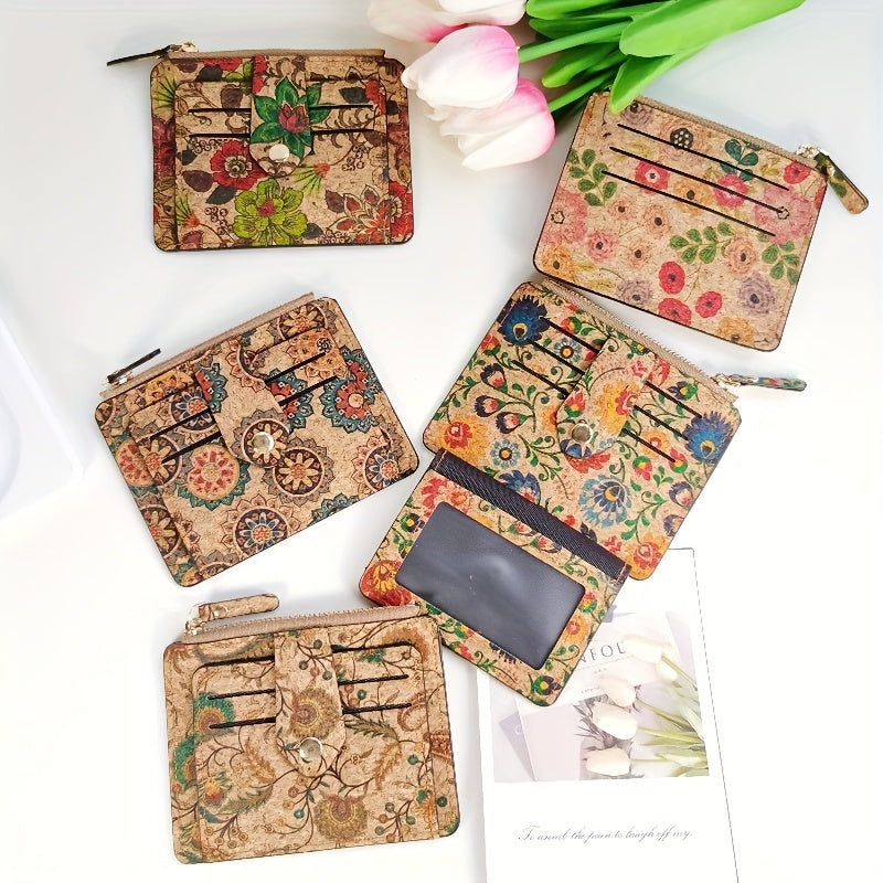 Portefeuille femme compact en liège imprimé, dix cartes