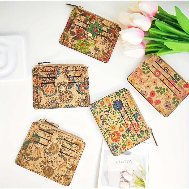 Portefeuille femme compact en liège imprimé, dix cartes