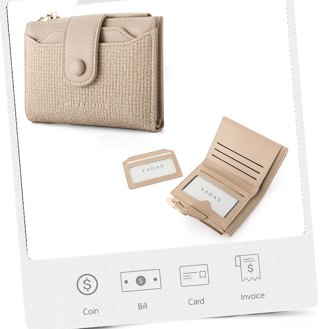 Portefeuille femme compact texture tissée, 12,5 cm fermé