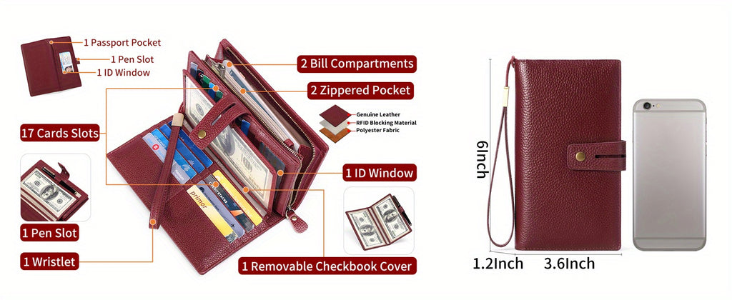 Portefeuille femme compagnon en cuir anti-RFID 17 cartes