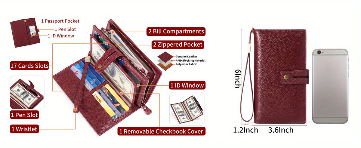 Portefeuille femme compagnon en cuir anti-RFID 17 cartes