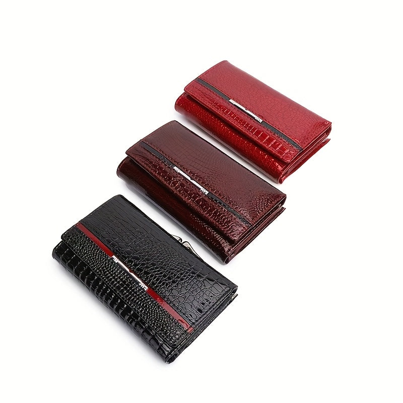 Portefeuille femme court croco verni à fermoir métal clip