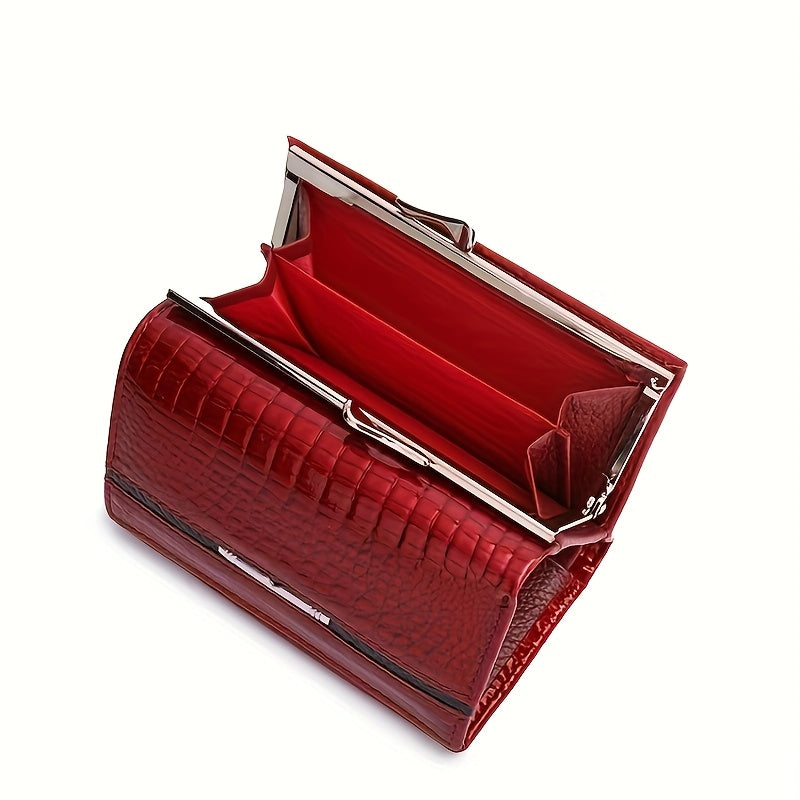 Portefeuille femme court croco verni à fermoir métal clip