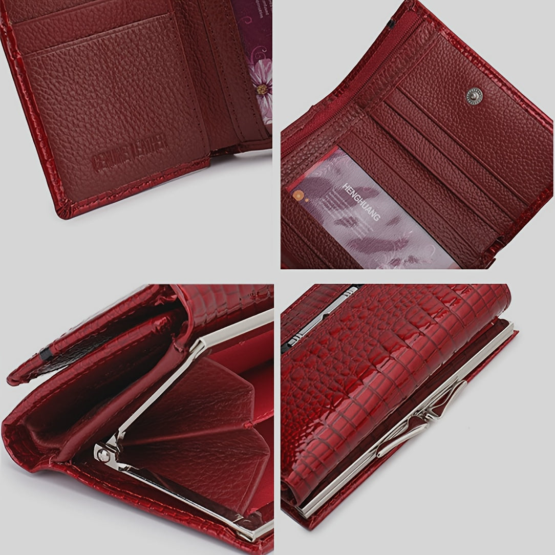 Portefeuille femme court croco verni à fermoir métal clip