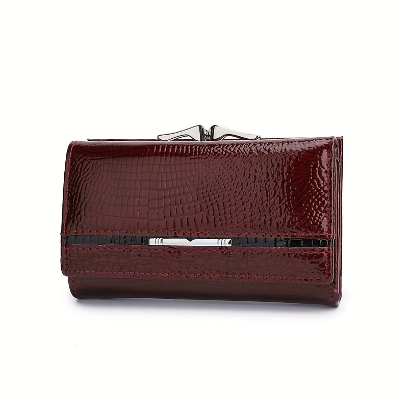 Portefeuille femme court croco verni à fermoir métal clip