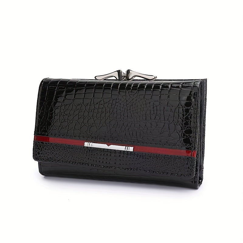 Portefeuille femme court croco verni à fermoir métal clip
