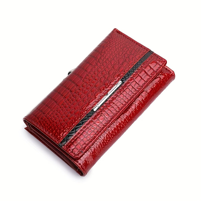 Portefeuille femme court croco verni à fermoir métal clip