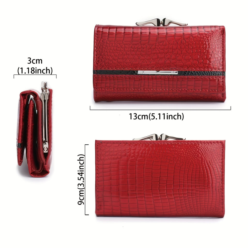 Portefeuille femme court croco verni à fermoir métal clip