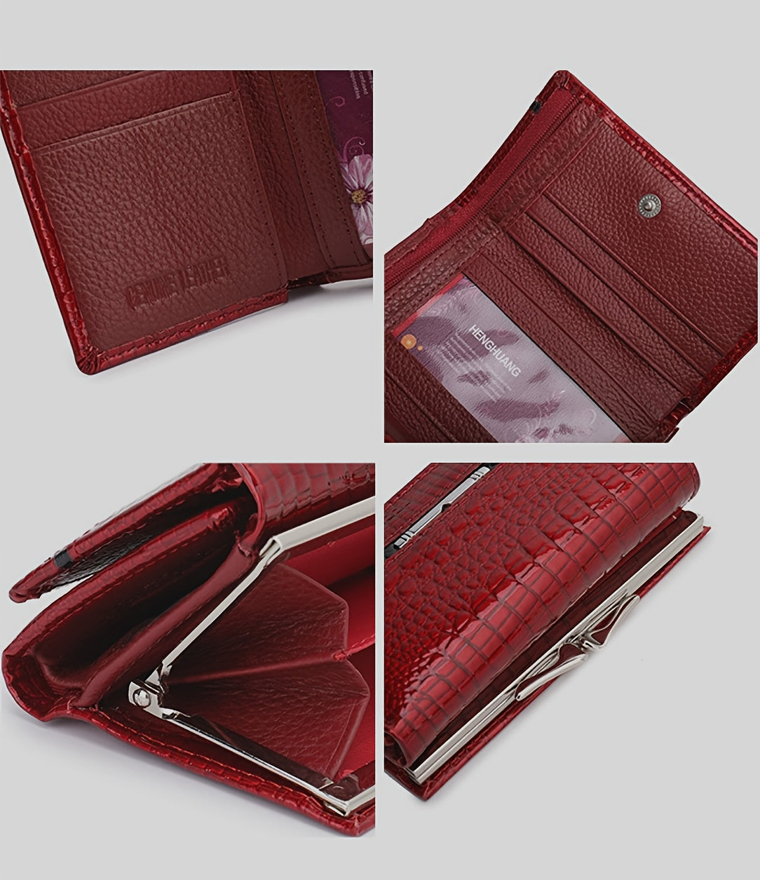 Portefeuille femme court croco verni à fermoir métal clip