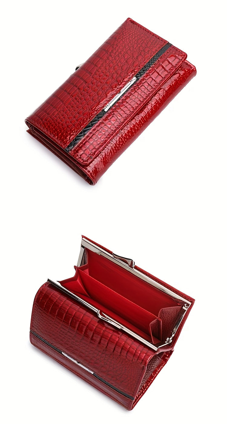 Portefeuille femme court croco verni à fermoir métal clip