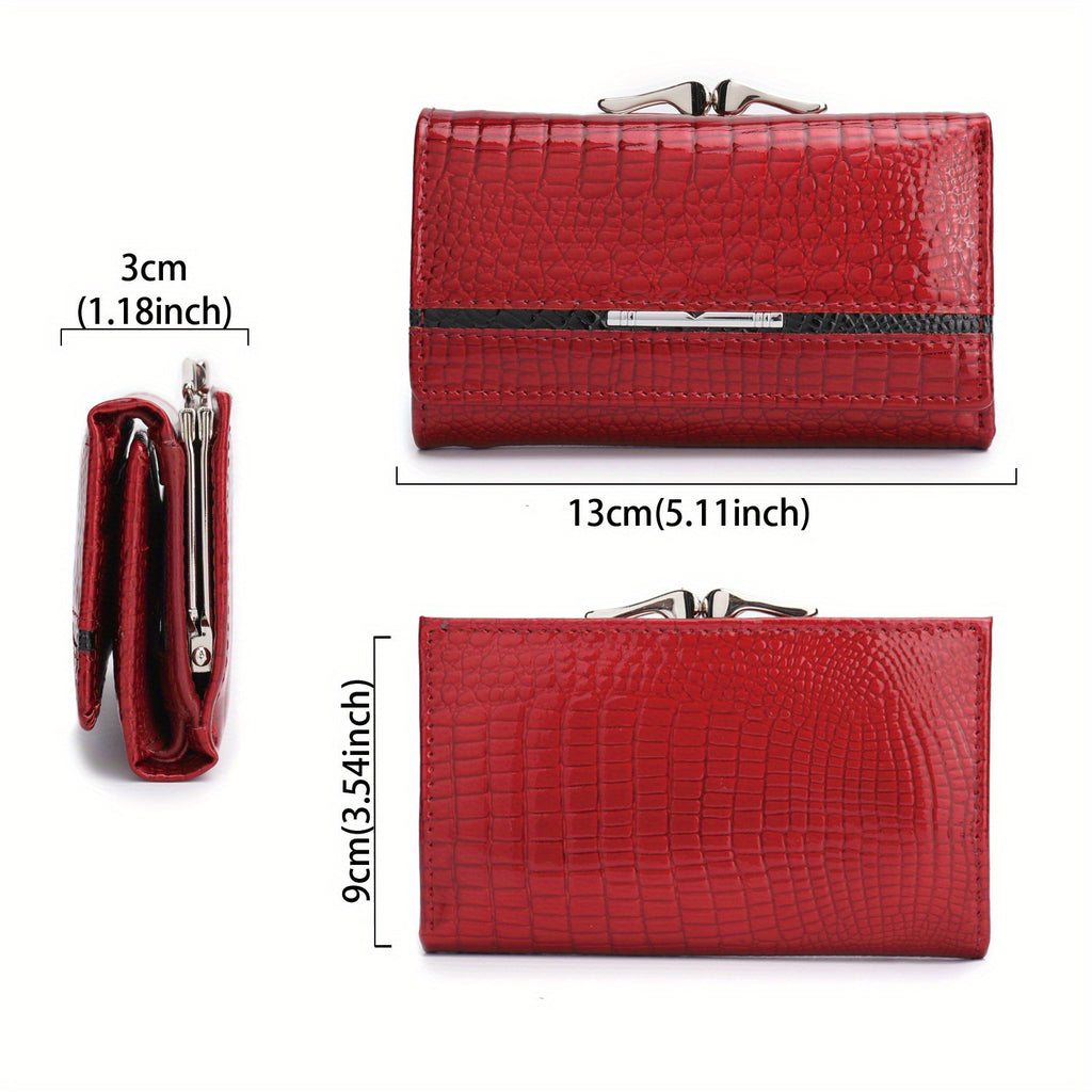 Portefeuille femme court croco verni à fermoir métal clip