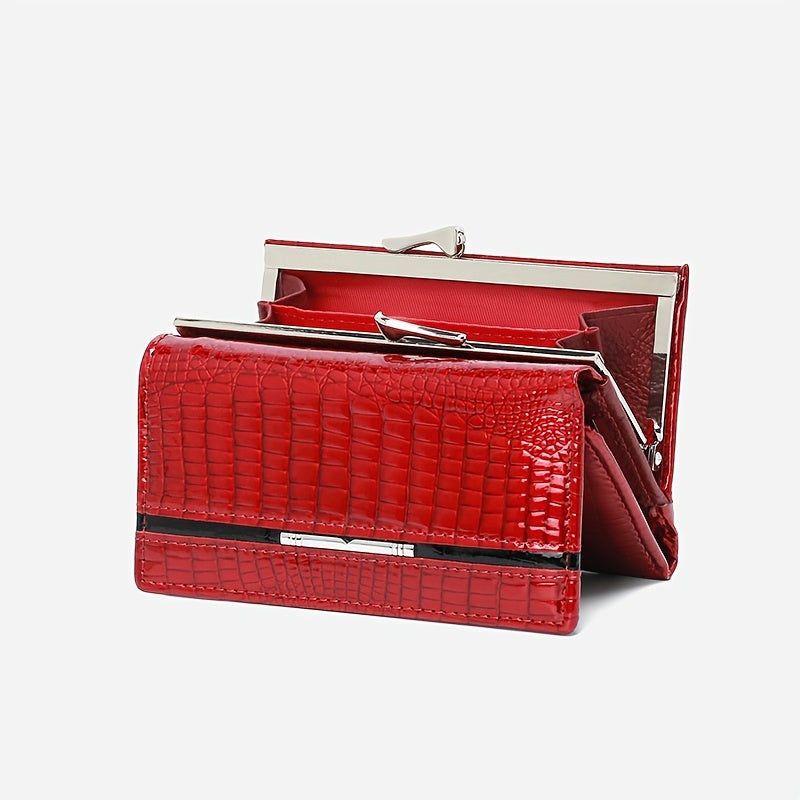 Portefeuille femme court gaufré croco, sept fentes cartes