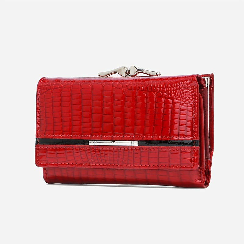 Portefeuille femme court gaufré croco, sept fentes cartes