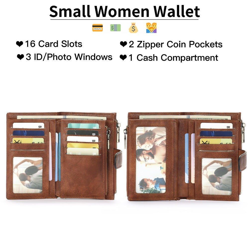 Portefeuille femme court noir anti-RFID, 16 emplacements cartes