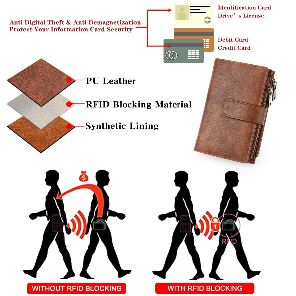 Portefeuille femme court noir anti-RFID, 16 emplacements cartes
