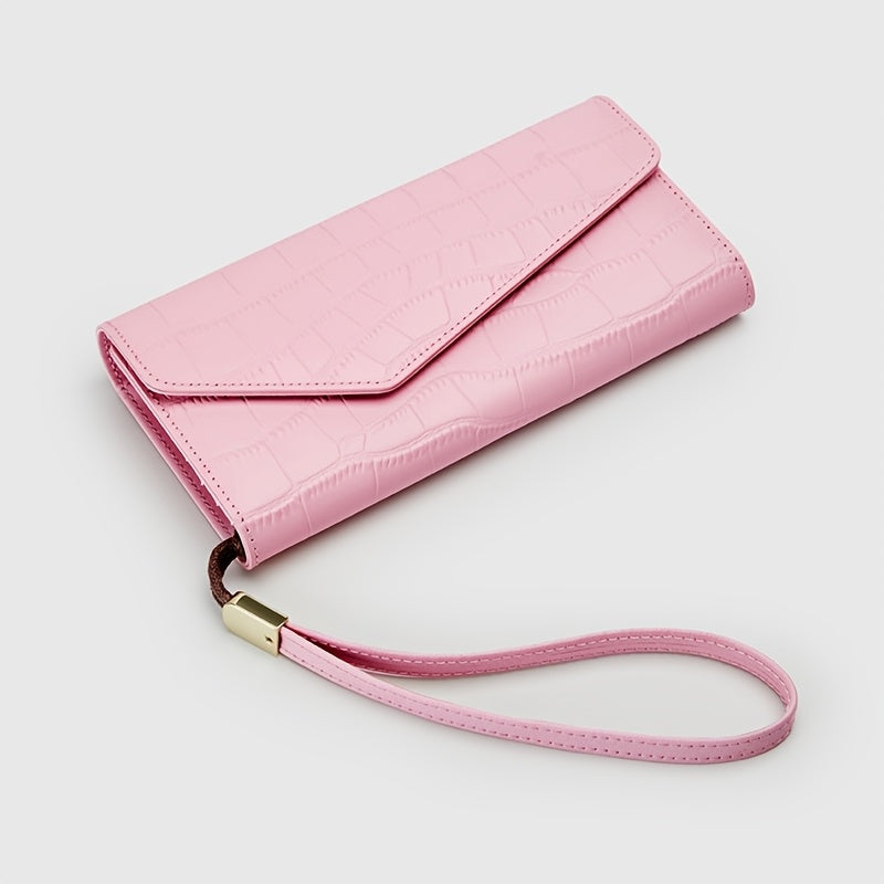 Portefeuille femme croco gaufré, replié comme une enveloppe