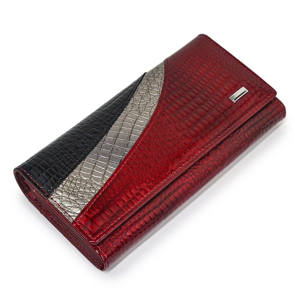 Portefeuille femme croco, façade assemblée en trois bandes