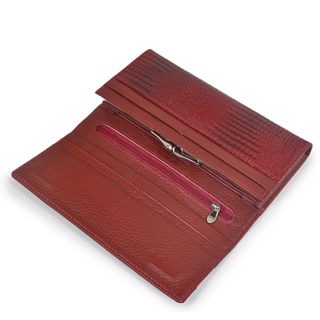 Portefeuille femme croco, façade assemblée en trois bandes