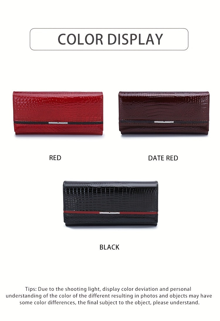 Portefeuille femme long croco verni à doublure en cuir véritable