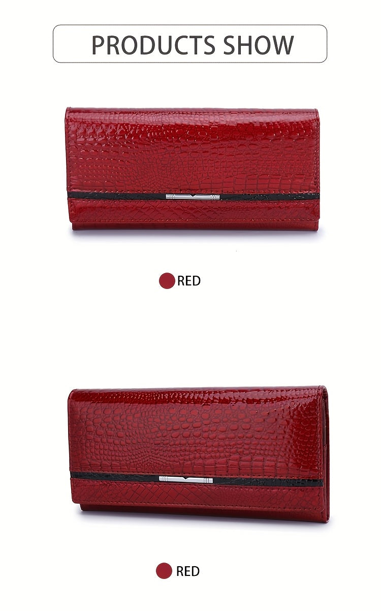 Portefeuille femme long croco verni à doublure en cuir véritable