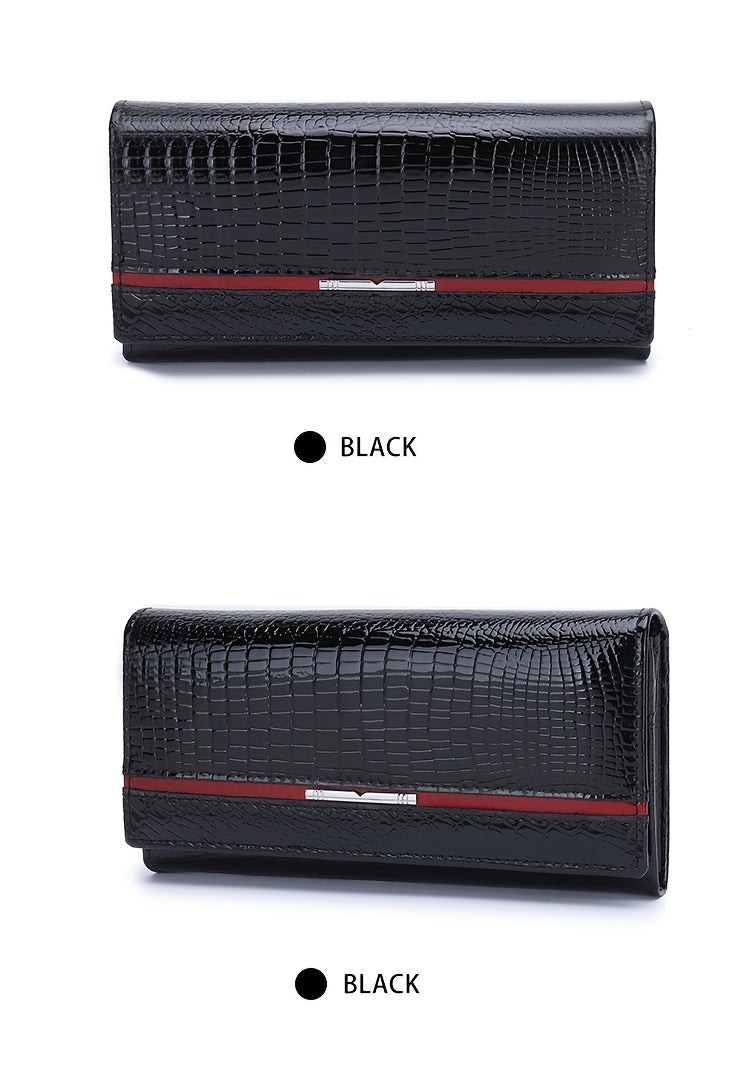 Portefeuille femme long croco verni à doublure en cuir véritable