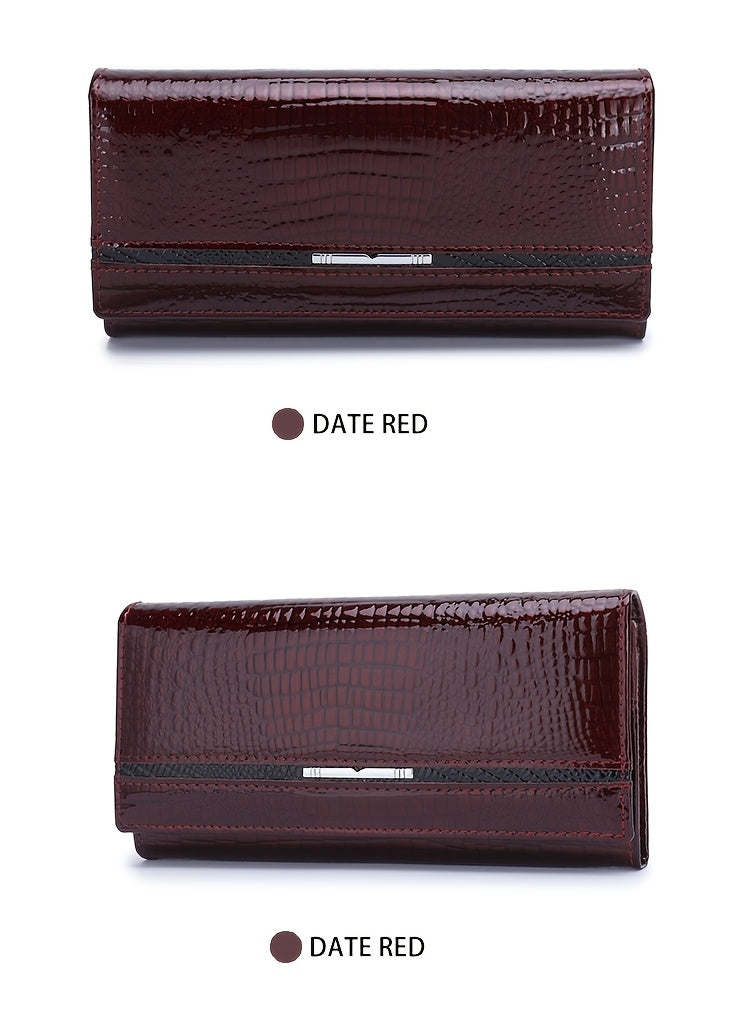 Portefeuille femme long croco verni à doublure en cuir véritable