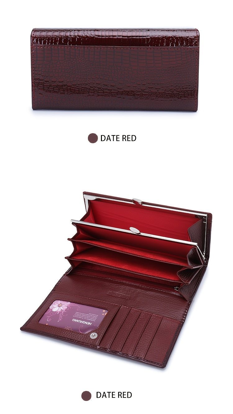 Portefeuille femme long croco verni à doublure en cuir véritable