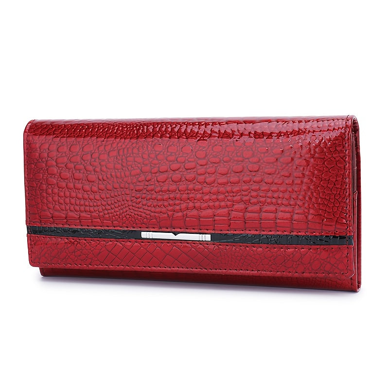 Portefeuille femme long croco verni à doublure en cuir véritable