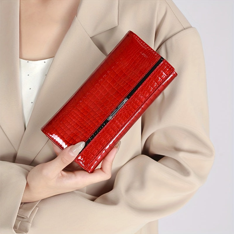 Portefeuille femme long croco verni à doublure en cuir véritable