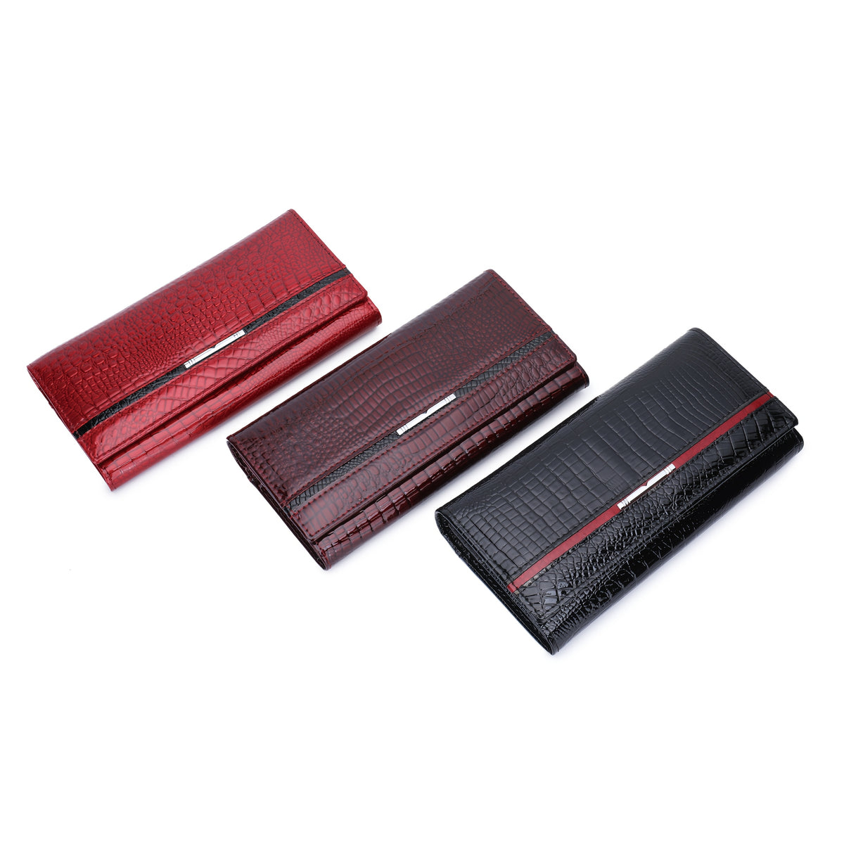 Portefeuille femme long croco verni à doublure en cuir véritable
