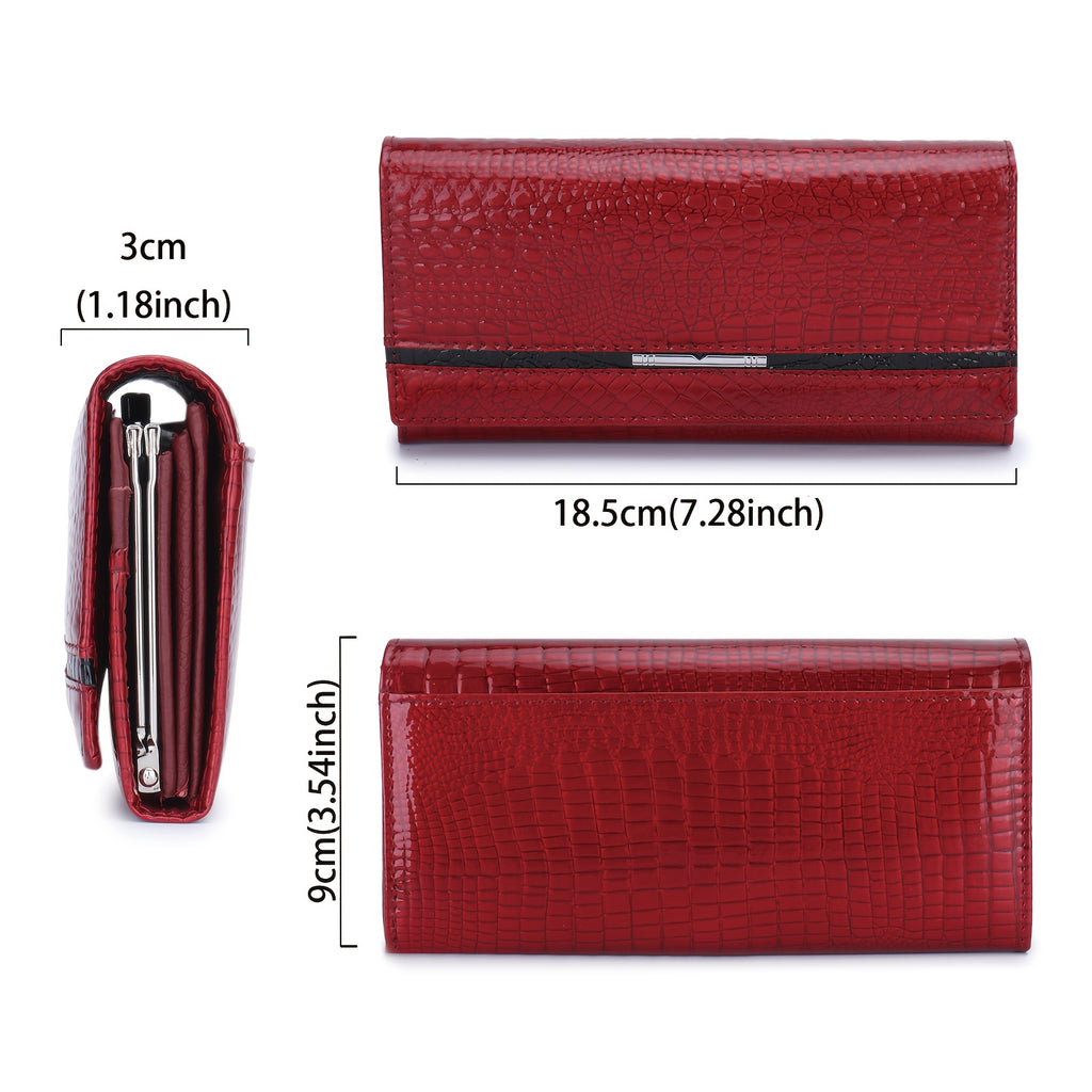 Portefeuille femme long croco verni à doublure en cuir véritable