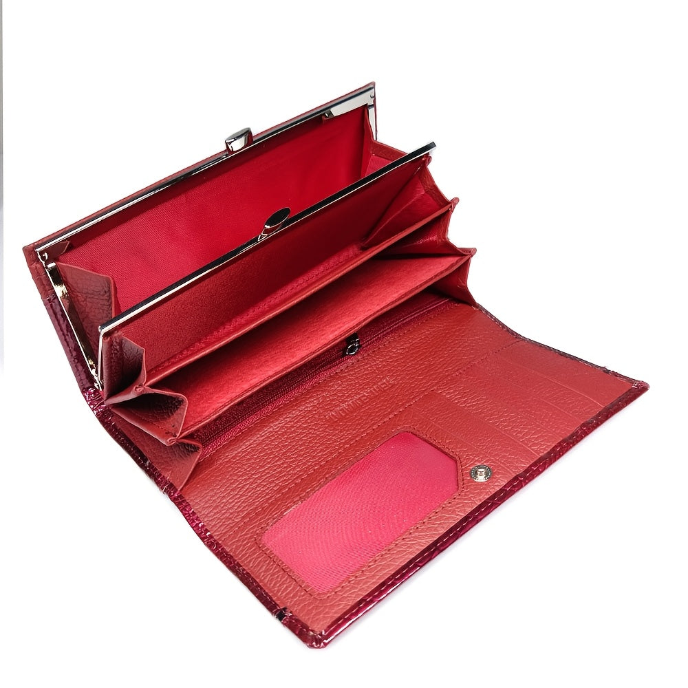 Portefeuille femme long croco verni à doublure en cuir véritable