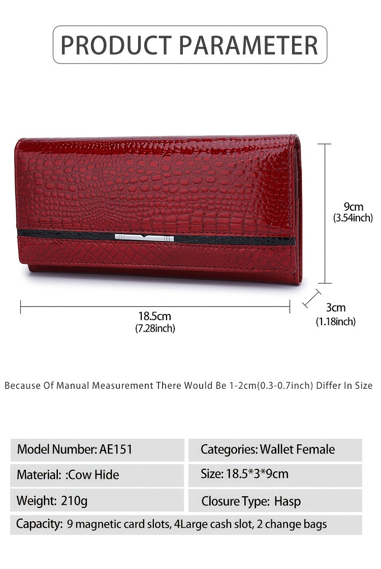 Portefeuille femme long croco verni à doublure en cuir véritable