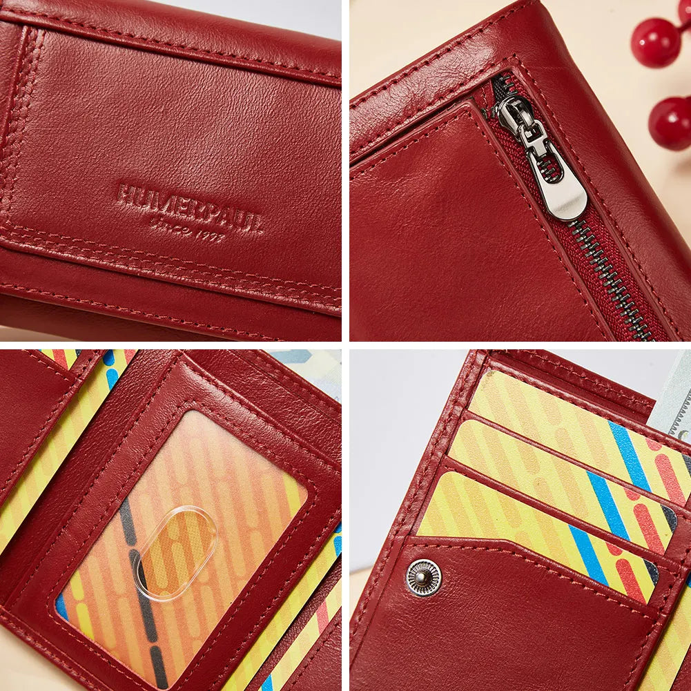 Portefeuille femme en cuir véritable compact avec porte-cartes et poche zippée — photo 2