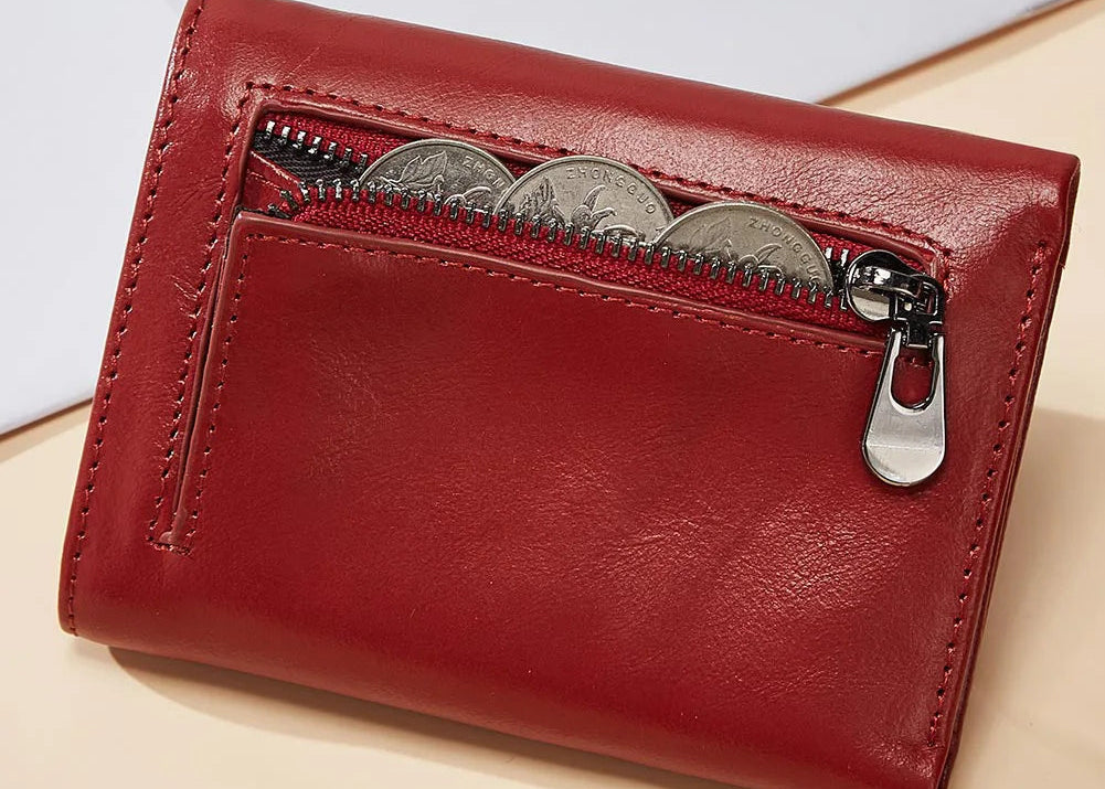 Portefeuille femme en cuir véritable compact avec porte-cartes et poche zippée — photo 3