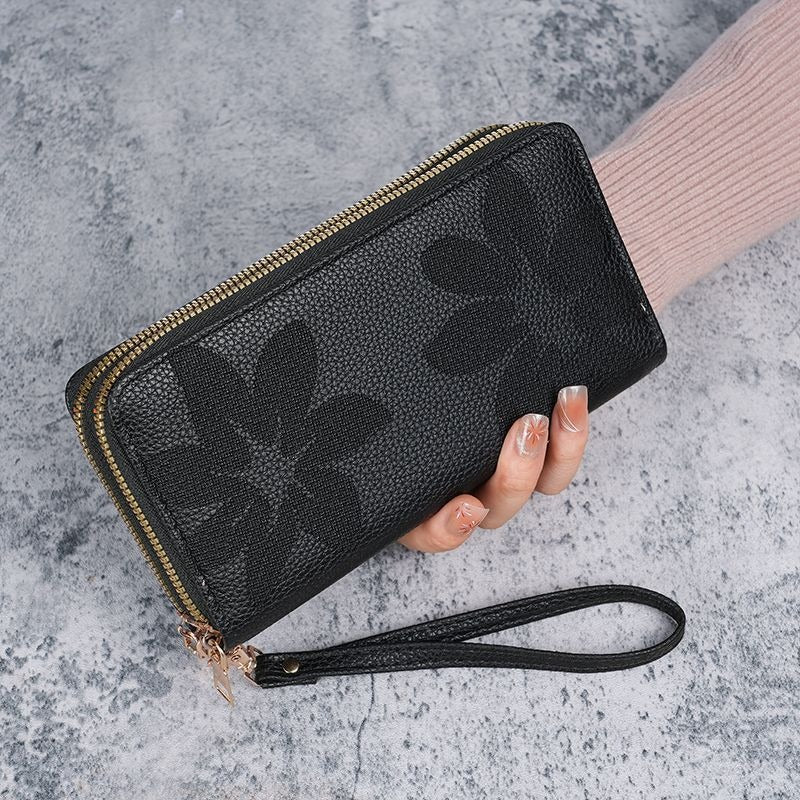 Portefeuille femme cuir à fleurs gaufrées, 4 cm d'épaisseur