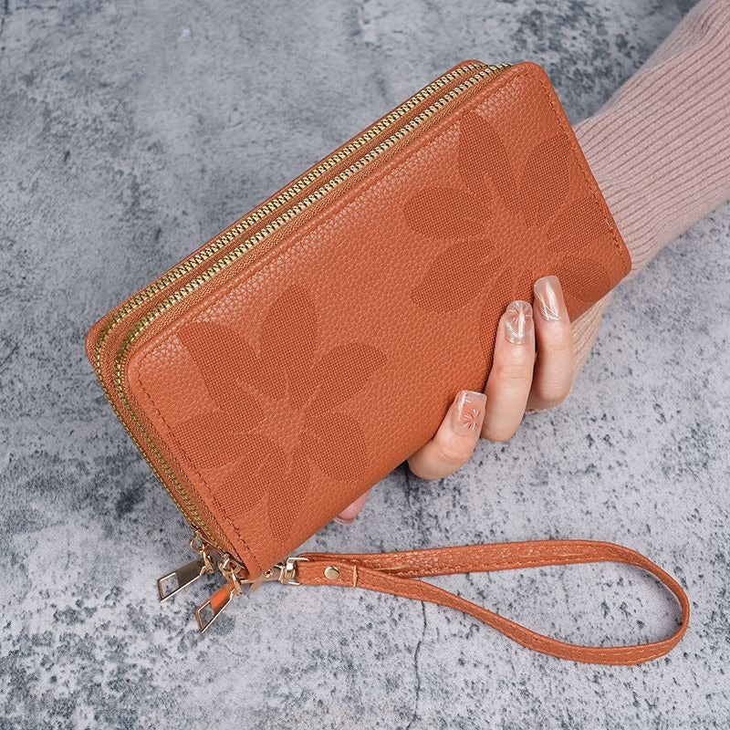 Portefeuille femme cuir à fleurs gaufrées, 4 cm d'épaisseur