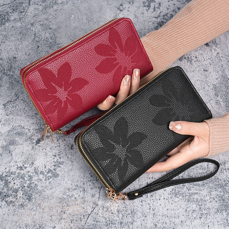 Portefeuille femme cuir à fleurs gaufrées, 4 cm d'épaisseur