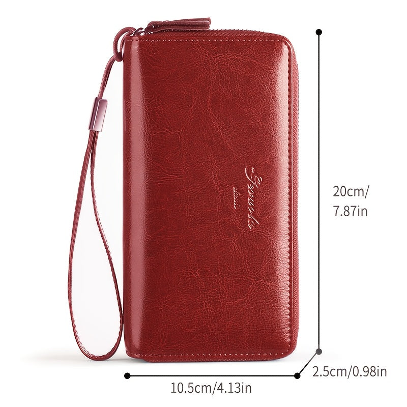 Portefeuille femme zippé anti-RFID en cuir huilé, 20 cm