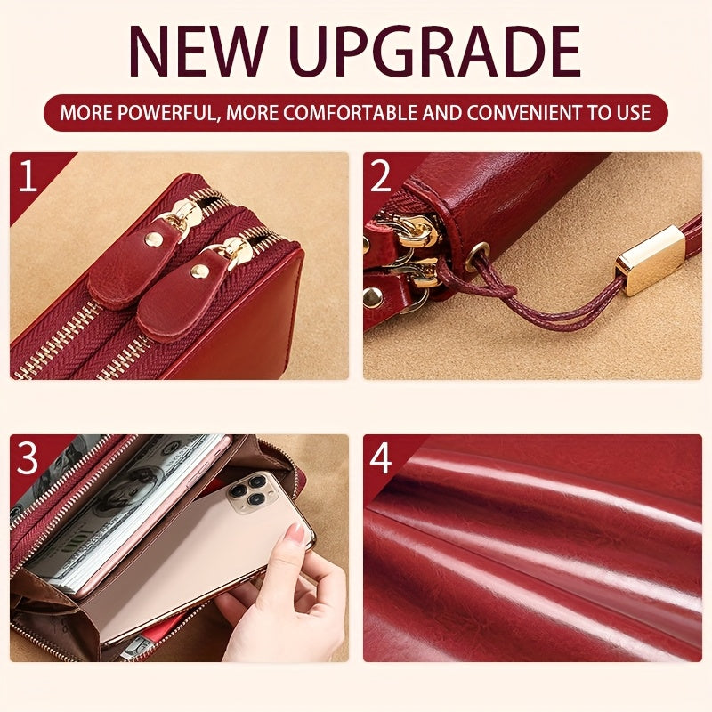 Portefeuille femme zippé anti-RFID en cuir huilé, 20 cm