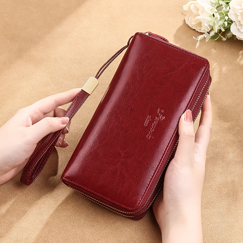 Portefeuille femme zippé anti-RFID en cuir huilé, 20 cm