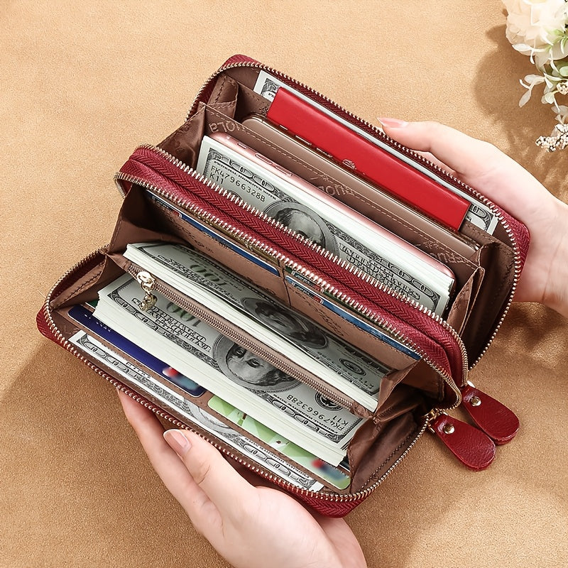 Portefeuille femme zippé anti-RFID en cuir huilé, 20 cm