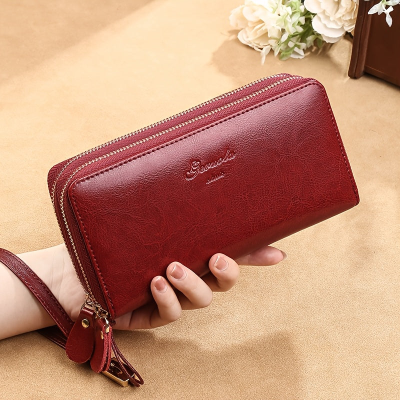 Portefeuille femme zippé anti-RFID en cuir huilé, 20 cm